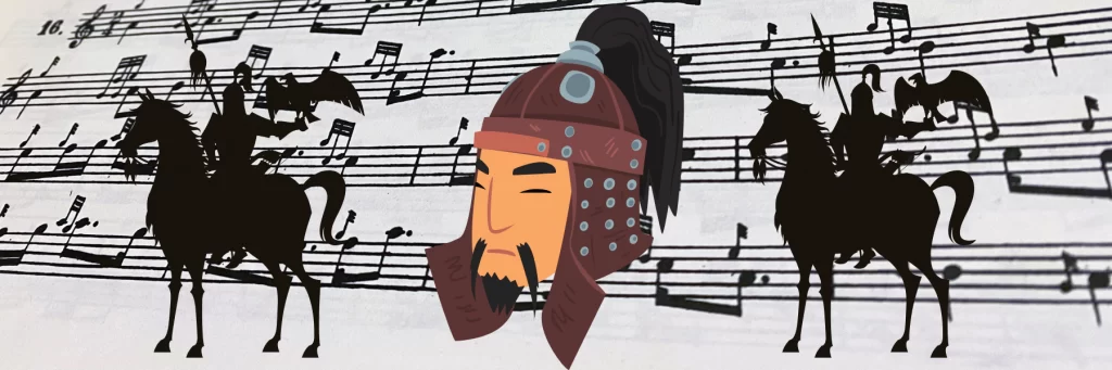 Image of Genghis Khan and two Mongol soldiers on bagpipe music background